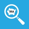 flat icon of magnifying glass looking for IRA white piggy bank account on blue background. search individual retirement account Royalty Free Stock Photo