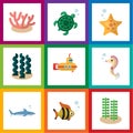 Flat Icon Marine Set Of Shark, Algae, Seaweed And Other Vector Objects. Also Includes Seaweed, Submarine, Sea Elements. Royalty Free Stock Photo