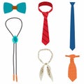 Flat icon necktie set collection of different tie, includes cravat, bowtie, skinny tie, bolo tie and neckerchief. elements. Vector