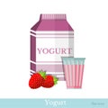 Flat icon pack of yogurt with strawberry and glass near