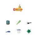 Flat Icon Sea Set Of Alga, Periscope, Cachalot And Other Vector Objects. Also Includes Submarine, Squid, Tentacle Elements.
