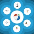 Flat Icon Season Set Of Aircraft, Surfing, Ship Hook And Other Vector Objects. Also Includes Spectacles, Aircraft