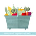 Flat icon shop basket with different vegetarian foods on white