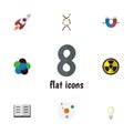 Flat Icon Study Set Of Lecture, Attractive Force, Spaceship And Other Vector Objects. Also Includes Bulb, Helix, Genome