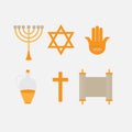 Flat icon symbols of Judaism minora, david star, anchovy and scroll. Ortodox traditonal religious logo. Royalty Free Stock Photo