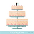 Flat icon three-tiered wedding cake on stand with bride and groom statuette top