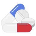 Flat icon of various medications in capsules and no