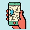 Flat Icon Vector Graphics of a Hand Using a Cell Phone with Map Display, generative AI Royalty Free Stock Photo