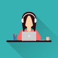 Flat icon woman. Woman working at a laptop sitting at her desk. Royalty Free Stock Photo