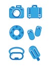 Flat icons of airplane travel, summer vacation planning, tourist and tourist facilities and passengers luggage. Vector