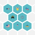 Flat Icons American Banner, Memorial Day, Firecracker And Other Vector Elements. Set Of History Flat Icons Symbols Also