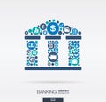 Flat icons in a bank building shape, banking, money, card, business and finance concept