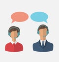 Flat icons of call center operators with man and woman wearing h Royalty Free Stock Photo