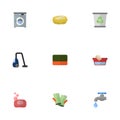 Flat Icons Clothes Washing, Faucet, Garbage Container And Other Vector Elements. Set Of Hygiene Flat Icons Symbols Also