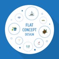 Flat Icons Conch, Sailboard, Car And Other Vector Elements. Set Of Season Flat Icons Symbols Also Includes Turtle, Fly