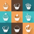 Flat icons cupcakes with long shadow. Royalty Free Stock Photo