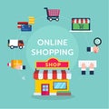 Flat icons design set for online shopping steps infographic Royalty Free Stock Photo