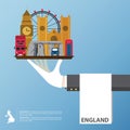 Flat icons design of United Kingdom landmarks. Global travel infographic . Royalty Free Stock Photo