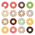 Flat icons of glazed colorful donuts, vector Royalty Free Stock Photo