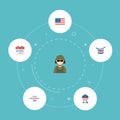 Flat Icons History, Military Man, Barbecue And Other Vector Elements. Set Of Day Flat Icons Symbols Also Includes Flag Royalty Free Stock Photo