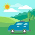 Flat icons for landscape,car,trees,sun,cloud,mountain,vector illustrations Royalty Free Stock Photo