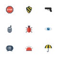 Flat Icons Parasol, Walkie-Talkie, Shield And Other Vector Elements. Set Of Safety Flat Icons Symbols Also Includes Gun