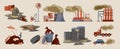 Flat icons set with cars industrial buildings toxic waste litter garbage causing air pollution isolated vector