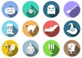 Flat icons set of Halloween,witch hat,pumpkin,ghost,witch broom,cat,bat,candle,spider,tombstone,house,zombie,Hand reaching from Royalty Free Stock Photo