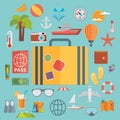 Flat icons set with long shadow effect of traveling on airplane, planning a summer vacation, tourism and journey objects and pass Royalty Free Stock Photo