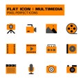 Flat icons set of multimedia, sound instruments, audio and video items and objects. Isolated on white background