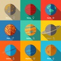 Flat icons set, planets with names and Royalty Free Stock Photo