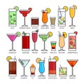 Flat icons set of popular alcohol cocktail on black background. Royalty Free Stock Photo