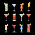 Flat icons set of popular alcohol cocktail on black background. Royalty Free Stock Photo