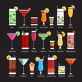 Flat icons set of popular alcohol cocktail on black background. Royalty Free Stock Photo