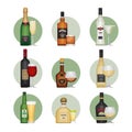 Flat icons set of popular various alcoholic beverages with glass