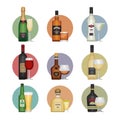 Flat icons set of popular various alcoholic beverages with glass