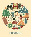 Flat icons in the shape of a circle the theme of hiking and outdoor recreation