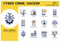 Flat Icons Style. Hacker Cyber crime attack for web design, ui, ux, mobile web, ads, magazine, book, poster