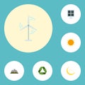 Flat Icons Sunshine, Electric Mill, Night And Other Vector Elements. Set Of Environment Flat Icons Symbols Also Includes