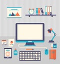 Flat icons of trendy everyday objects, office supplies and business items for daily usage Royalty Free Stock Photo