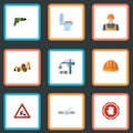 Flat Icons Worker, Hardhat, Electric Screwdriver And Other Vector Elements. Set Of Construction Flat Icons Symbols Also