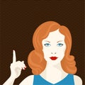 Trendy abstract background. The woman points her finger up. Editable mask.