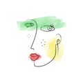 Abstract face. Hand drawn woman portrait in trendy minimalistic style. Charcoal line. Watercolor spots. Royalty Free Stock Photo