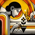 flat illustration abstract woman planting a flower in a pot