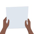 Flat illustration of african hands holding a sheet of paper with place for text on a white background. Mockup notice. Read letter