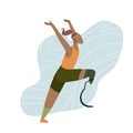 Flat illustration of african happy girl runner with prosthetic leg. Marathon runner at the finish. Stylized strong athletic woman