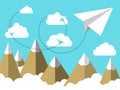 Flat illustration Airplane or plane paper flying in the sky above clouds and over mountain landscape