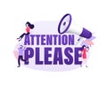 Flat illustration with attention people for concept design. Woman shout at the megaphone. Pay attention concept. Flat Royalty Free Stock Photo