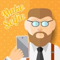 Flat illustration beard man hipster with smartphone phone or gadget make photo of himself