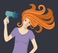 Flat illustration of beautiful redheaded woman with hairdryer